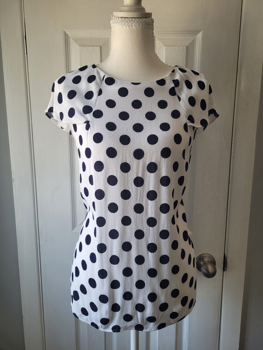 Boden Polka Dot Flutter Sleeve Blouse White Navy Preppy Classic Chic US 10